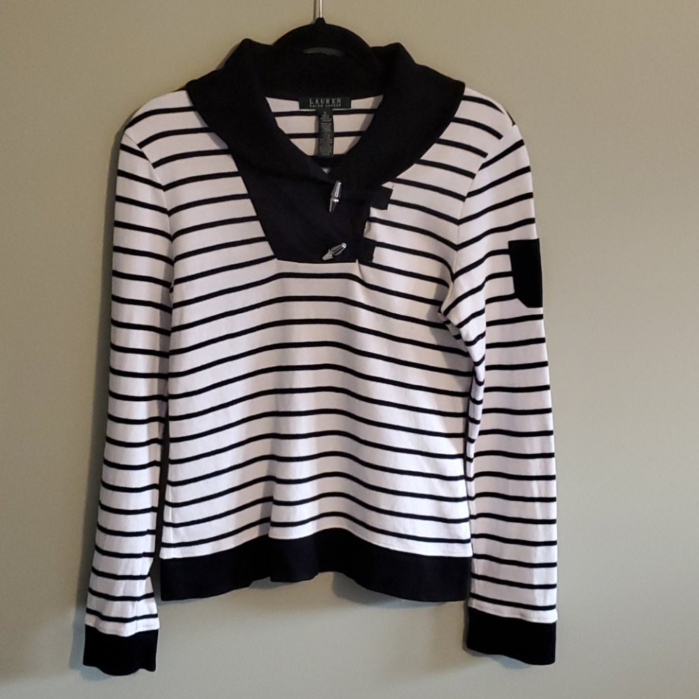 Lauren Ralph Lauren Black and White Striped V-Neck Sweater